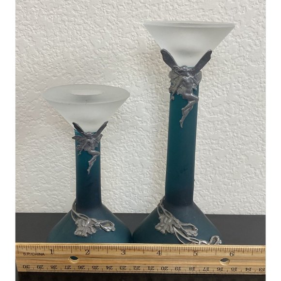 Turquoise Frosted Glass Candlesticks with tin Fairies Short and long Blue Green - Picture 7 of 8